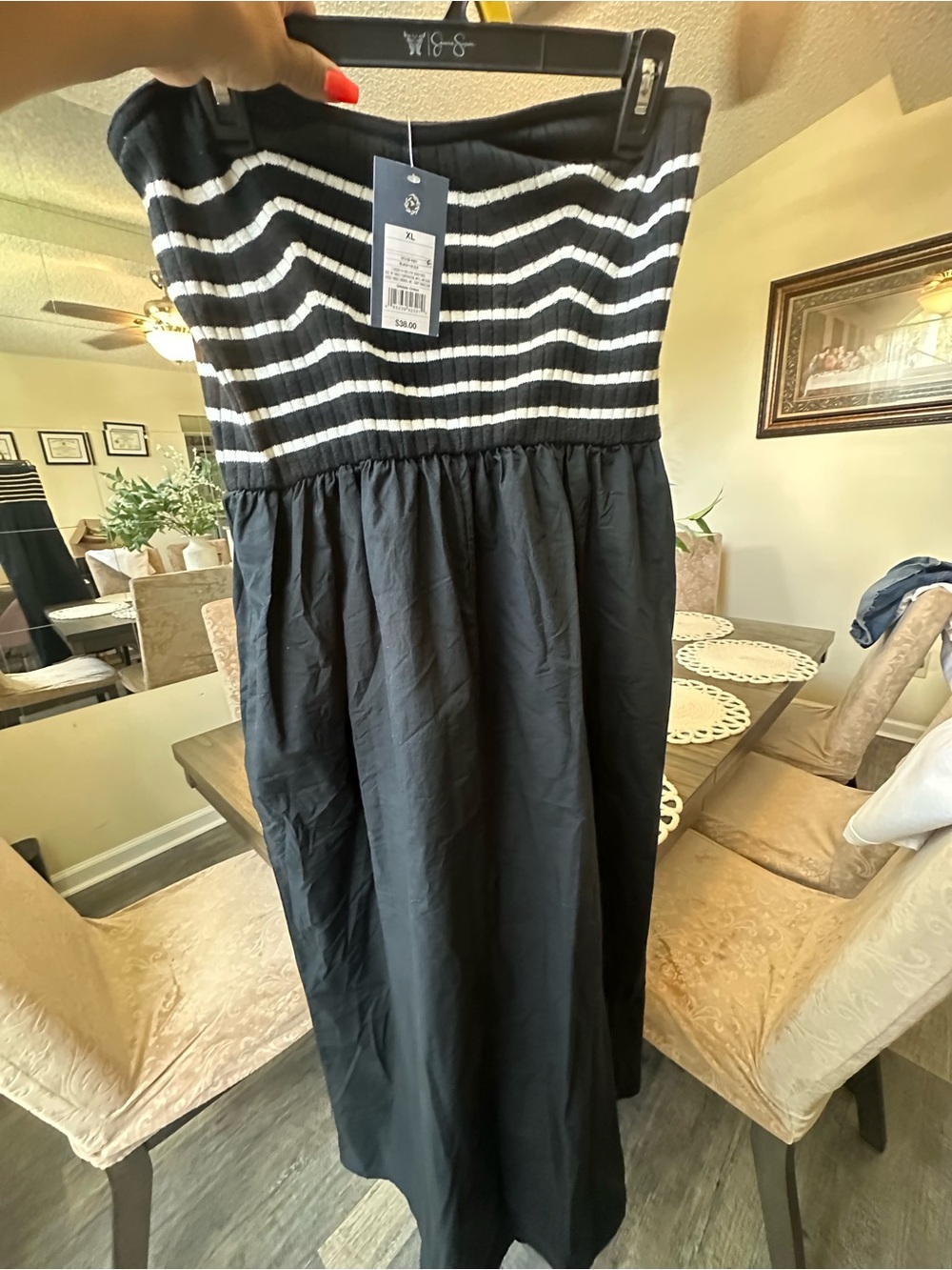 Striped Smocked strapless Black Maxi Dress with pockets